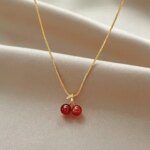 New Wine Red Cherry Gold Color Pendant Necklace For Women Personality Fashion Necklace Wedding Jewelry Birthday Gifts (New)