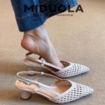 French Square-toed Woven High-heeled Sandals 2025 Summer Shoes Skeletonized Fashionable Leather Fabric Mid-heel Women Sandals (New)