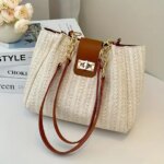 Grass Woven Patchwork Leather Korean Version Shoulder Bag Fashionable Womens Woven Handbag Suitable for Beach Parties Occasion (New)