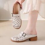 New Cow Leather Low Heel Sandals Womens Hollow Out Mules Shoes Woman Buckle Strap Slipper Sandals Ladies Elegant Slip On Shoes (New)