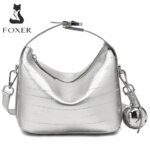 FOXER Soft PU Leather Handbag Large Capacity Silver Womens Shoulder Bag 2026 New Underarm Bag Casual Commuting Crossbody Bag (New)