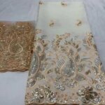 Indian Silk George Lace Fabric Embroidery with Sequin Net lace Set White And Gold Lace For Wedding dress 5+2 Yards (New)