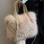 Fairy Handbag Pearl Chain Plush Small Square Bag For Women Fashion Elegant Shoulder Crossbody Bag Autumn Winter Versatile Totes (New)