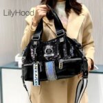 Female Fashion Holographic Shiny Iridescent Vegan Leather Handbag Women Kaishilan Medium Size Daily Work Boston Side Slouchy Bag (New)