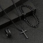 3pcs Set Mens Fashion Alloy Jewelry Cross Pendant Chain Necklace Bracelet Ring Jewelry Set Male Hip Hop Daily Wear Accessories (New)