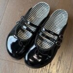 Womens Patent Leather Mary Jane Mules Buckle Bow Decor Slip on Flat Shoes Plaid Lining Casual Half Slippers Fashion Footwear (New)