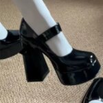 French Design High Heels Mary Janes Womens Black Shoes American Style Mid Heel Single Shoes Polyurethane Upgraded Version (New)