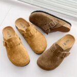 New Cow Suede Leather Cork Mules Slippers for Women Men Close Toe Slides Home Shoes Clogs Vintage Muller Slippers Fashion Casual (New)