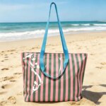 Striped waterproof large-capacity seaside vacation beach bag womens polyester portable shoulder seaside travel storage bag (New)