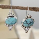 Bohemian Design Oval Turquoise Pendant Earrings Women Ethnic Style Silver Color Earrings Casual Daily Vacation Jewelry (New)
