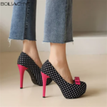 Sexy Super High Heels Women Platform Pumps Polka Dot Bow Party Dress Shoes Woman Elegant Wedding Shoes Female 12cm Stilettos (New)
