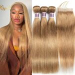 15A Silk Straight Bundles Human Hair and Closure #27 Honey Blonde Human Hair Bundles with Closure HD 4X4 Lace Pre Plucked (New)