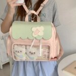 Sweet Pink Green Color-blocked Strawberry Ita Bag Large Capacity Polka Dot Shoulder Tote Bag College Style Multi-pocket Backpack (New)