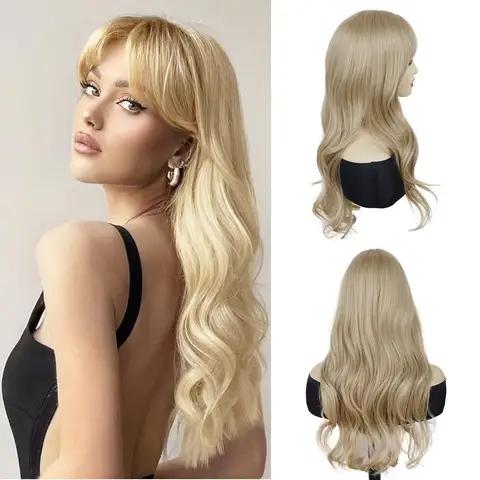 Sf5fd074bdaef4a9c981743d175d9a66be_480x480q75 Sabrina Carpenter Wig Long Blonde Wig with Bangs Synthetic Hair Body Wave Hairstyle Halloween Costume for Women Roleplay Cosplay (New) - Image 1