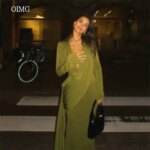 OIMG Sexy Deep V Neck Mustard Green Mermaid Prom Gowns Maxi Pleated Party Gown Long Sleeve Floor Length Evening Dress Customized (New)