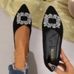 Womens Shoes Luxury Square Buckle Diamond Shallow Mouth Single Shoes Fashion Pointed Casual Flat Shoes Slip on Womens Loafers (New)