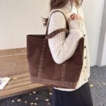 Large Capacity Studded Tote Shoulder Bag Retro Faux Suede Women Handbags and Purses Rivet Shopper Female Bucket Bags for Women (New)