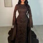 Brown Muslim Flare Long Sleeves Mermaid Evening Dresses with Detachable Overskirt Arabic Formal Wedding Prom Gowns Customized (New)