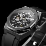 FORSINING Mens Skeleton Automatic Mechanical Watch Open Heart Sports Octagon Case Luminous Hands Black Silicone Rubber Strap (New)