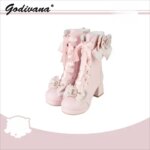 Lolita Mid-calf Boots New Autumn and Winter Women Girls Cute Pearl Chain Lace Bow Princess High Heels Pumps Sweet Short Boots (New)