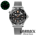 Gramock 41mm 007 NH35A Mechanical Watch For Men Black Bezel Orange Second Hand Super Luminous Stainless Steel Diving Men Watches (New)