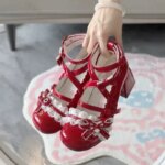Lolita Red High Heels Cute pumps Shoes spring Autumn Lace Thick high heels Single Shoes Patent Leather Mary Jane Womens Shoes (New)