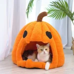 Halloween Pumpkin Cat Bed SemiEnclosed Warm Winter Pet Mat (New)