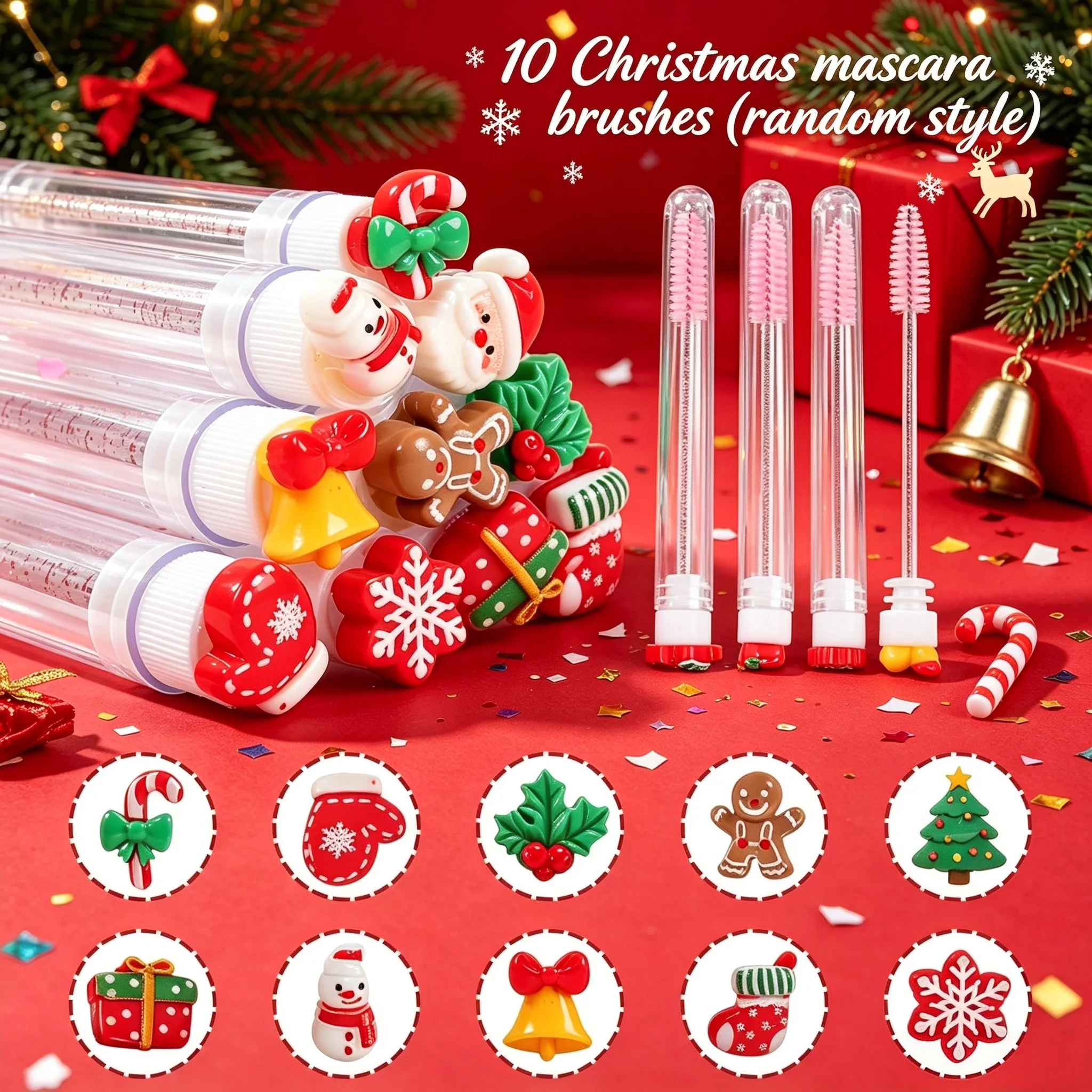 S20f05a9753a14a85829b25bff6f9f5a5t.webp 10Pcs Christmas Eyelash Brush Set Santa Snowflake Mascara Wands (New) - Image 1