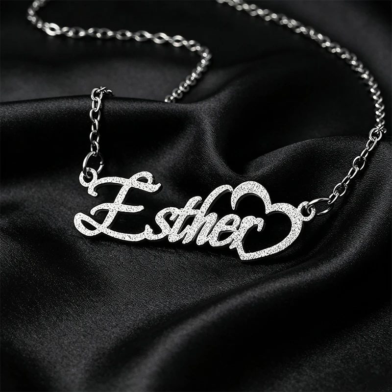 S3f6a7fefa88643b89f0e04bff74c5941y.webp Frosted Fine Glitter Name Heart Custom Necklace Woman Stainless (New) - Image 1