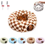 Round Detachable Cat Dog Tunnel Bed S‑Shape Checkered Plush (New)