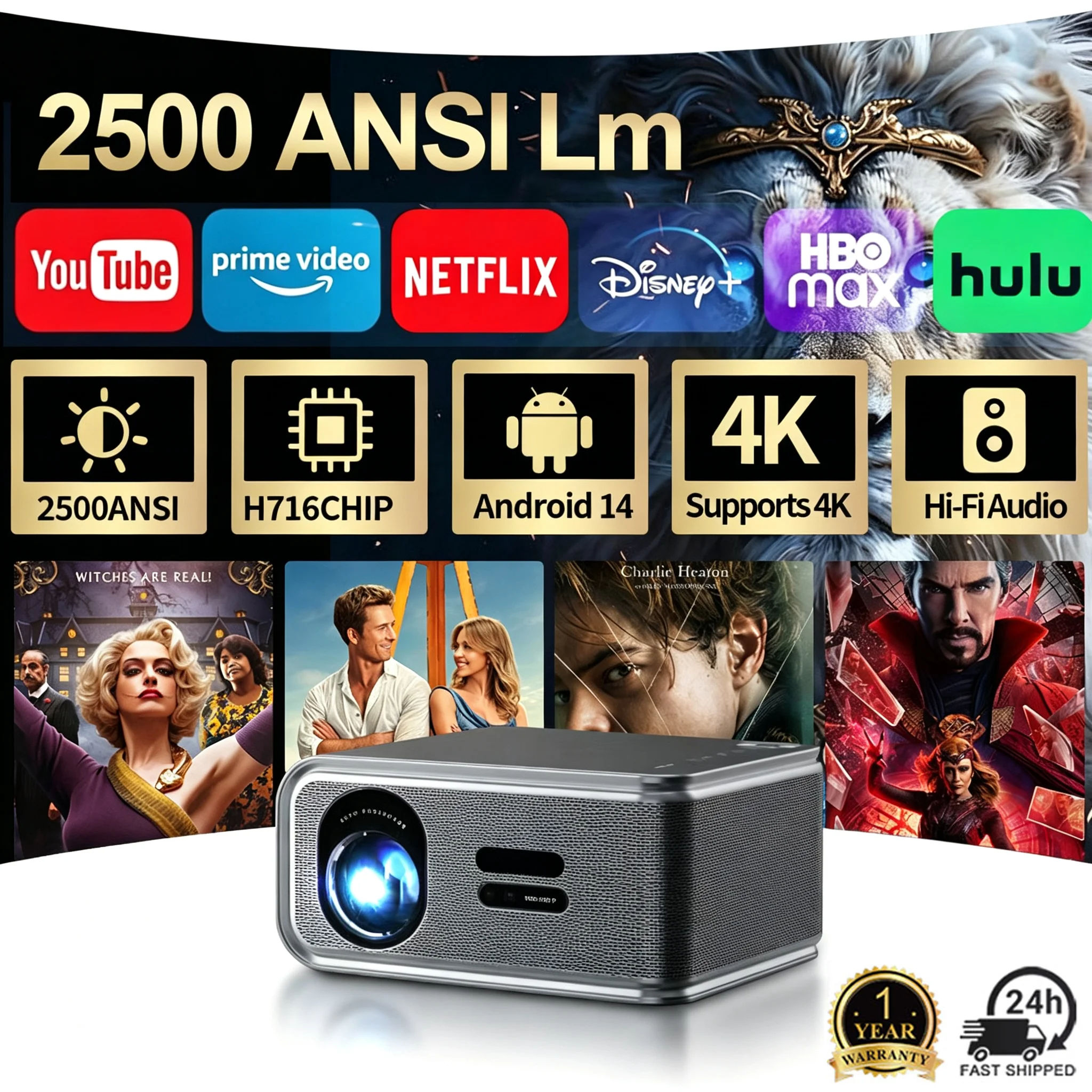 S7155066c1dd54d4992c977174c97e871P.webp 4K Smart Projector 2500ANSI Full HD 1920*1080P HDR10+ Google (New) - Image 1