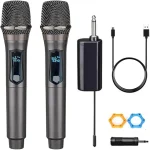 Wireless Dual MicrophoneHandheld Dynamic micKaraoke Singing Weddings DJParty Church Classroom use 200 feet Gray2 (New)