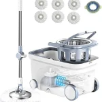 Michao Spin Mop Bucket Deluxe 360 Spinning Floor Cleaning System with 6 Microfiber Replacement Head Refills62&quot Extended (New)