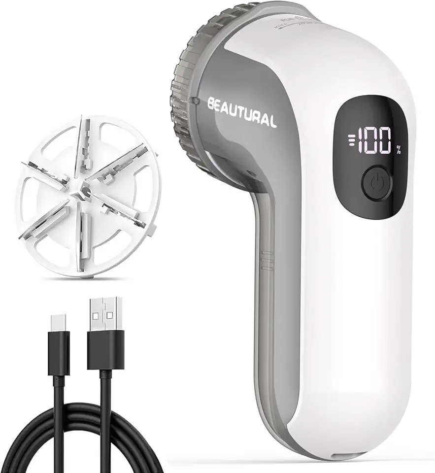 61Du4tUYI4L._AC_UL960_FMwebp_QL65_ BEAUTURAL Fabric Shaver and Lint Remover Portable Sweater Defuzzer Rechargeable 3 Speeds 6 Leaf Blades Digital LED D (New) - Image 1