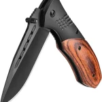 KEXMO Pocket Knife for Men Wood Handle Folding Knives Large Black Liner Lock Deep Pocket Clip Glass Breaker Thumb (New)