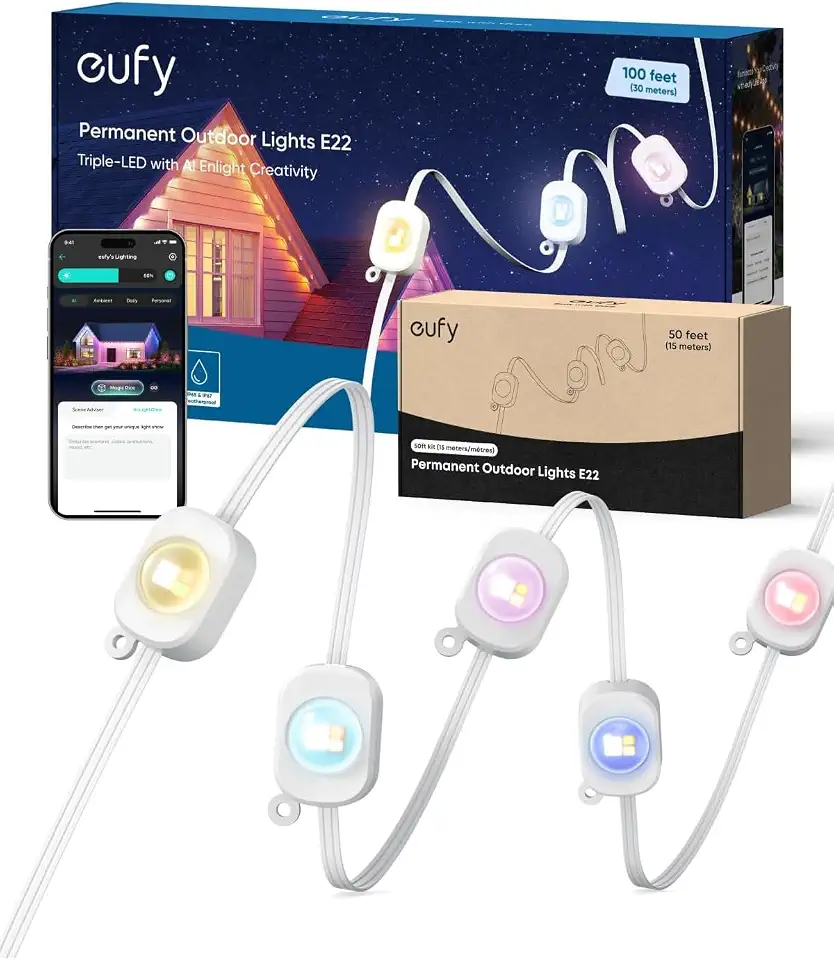 61iylfXHNEL._AC_UL960_FMwebp_QL65_ eufy Permanent Outdoor Lights E22 100ft 50ft kit Total 150ft with 90 Triple-LED Lights Smart RGBWW Up to IP67 Waterp (New) - Image 1