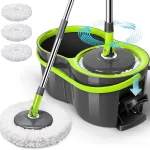 Masthome Compact Spin Mop Bucket System with Pedal Wringer Set 3 Microfiber Mop PadsAdjustable Stainless HandleHands-F (New)