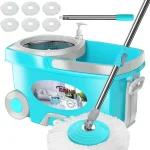 FunClean Large Spin Mop Bucket Set with Wringer 2 Gal Capacity Blue 2 Rolling Wheels Pull Handle 61-Inch Handle 6 M (New)