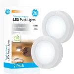 GE Battery Powered Puck Lights Touch On/Off 20 Lumens 2 Pack Under Cabinet Lights for Kitchen Closet and Pantry AA (New)