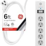 GE Surge Protector Power Strip 6 Ft Extension Cord 6 Outlet Extender 800 Joules Flat Plug Wall Mount Twist-to-Close (New)