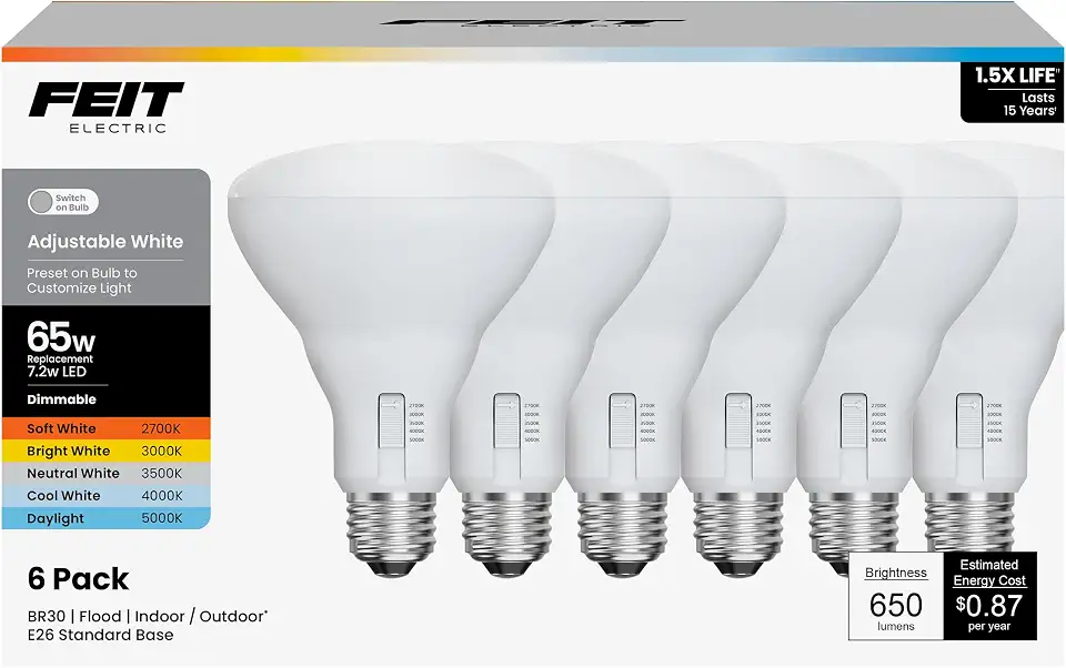 71GtFMFkHOL._AC_UL960_FMwebp_QL65_ Feit Electric BR30 LED Light Bulbs 65W Eq Dimmable 5CCT 6 Pack E26 Base 2700K - 5000K 650 Lumens CRI 90 15 Year (New) - Image 1