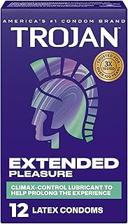 71JhZA2jXVL._AC_UL320_ Trojan Extended Pleasure Lubricated Latex Condoms for Men 12 Count Climax-Control Lubricant with Benzocaine Premium La (New) - Image 1