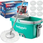 Sarkunpio Spin Mop and Bucket Set with 6 Microfiber Heads Teal Floor mop with wringer hand-press wringing 61&quot extra-l (New)