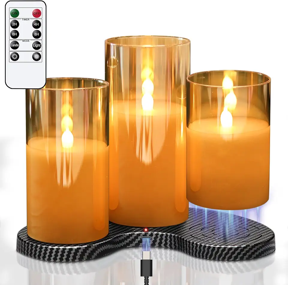 71RMN5oz4ZL._AC_UL960_FMwebp_QL65_ GenSwin Glass Rechargeable Flameless Candles with Remote & Charging Base Gold Timer Battery Operated LED Candles Real (New) - Image 1