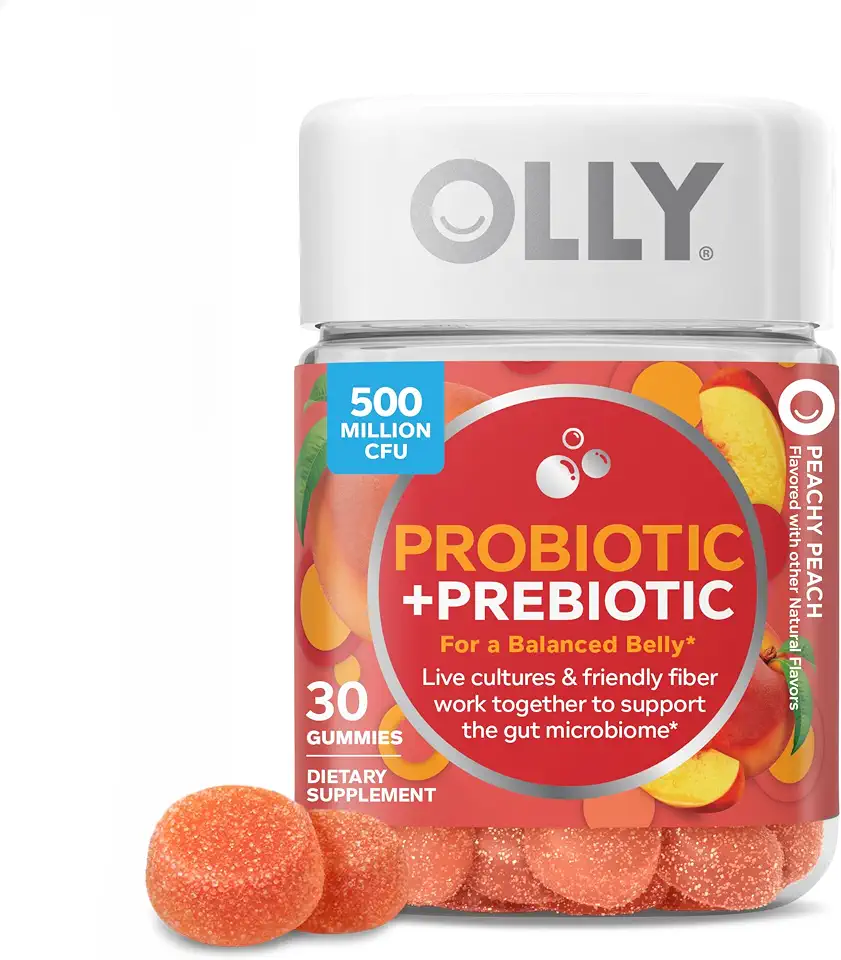 71SmhJO-9cL._AC_UL960_FMwebp_QL65_ OLLY Probiotic Prebiotic Gummy 500 million CFUs Peachy Peach - 30 Count Gut Health Support 500 million CFU of Bacil (New) - Image 1
