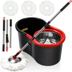 Spin Mop and Bucket with Wringer Set 3 Microfiber Mop Heads 51&quot Handle 360Â° Spinning Mop System with Stainless Steel A (New)