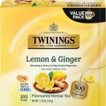 Twinings Lemon &amp Ginger Herbal Tea Individually Wrapped Bags 100 Count Pack of 1 Tangy Lemon Spicy Ginger Naturally (New)