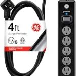 GE Surge Protector Power Strip 4 Ft Extension Cord 6 Outlet Extender 800 Joules Flat Plug Wall Mount Twist-to-Close (New)