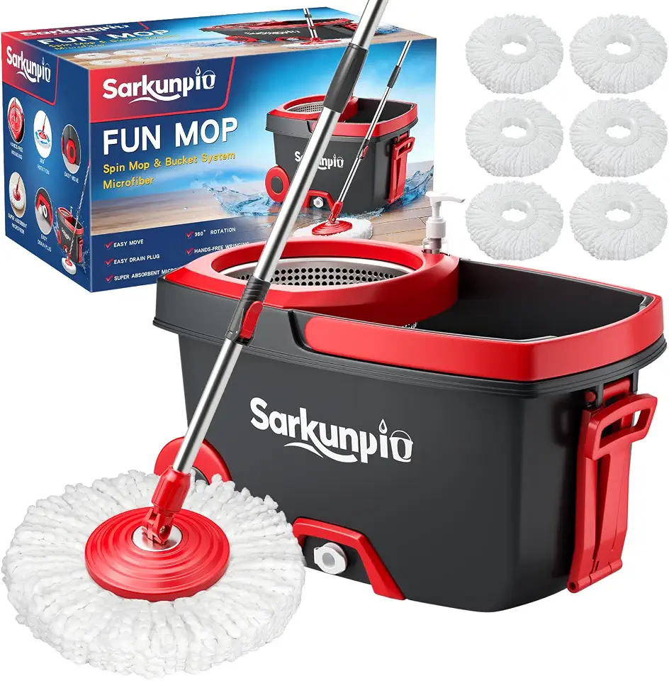 71eC8swjKrL._AC_UL960_FMwebp_QL65_ Sarkunpio Spin Mop and Bucket Set with 6 Mop Heads Dark Grey Floor mop with wringer hand-press wringing 61" extra-lon (New) - Image 1
