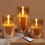 Eywamage Gold Glass Flameless Pillar Candles with Remote Flickering Fall LED Candles Battery Operated Set of 3 (New)